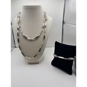 Brighton Silvertone Tubular Scroll Barrel Bead Necklace And Bracelet Set + Pouch